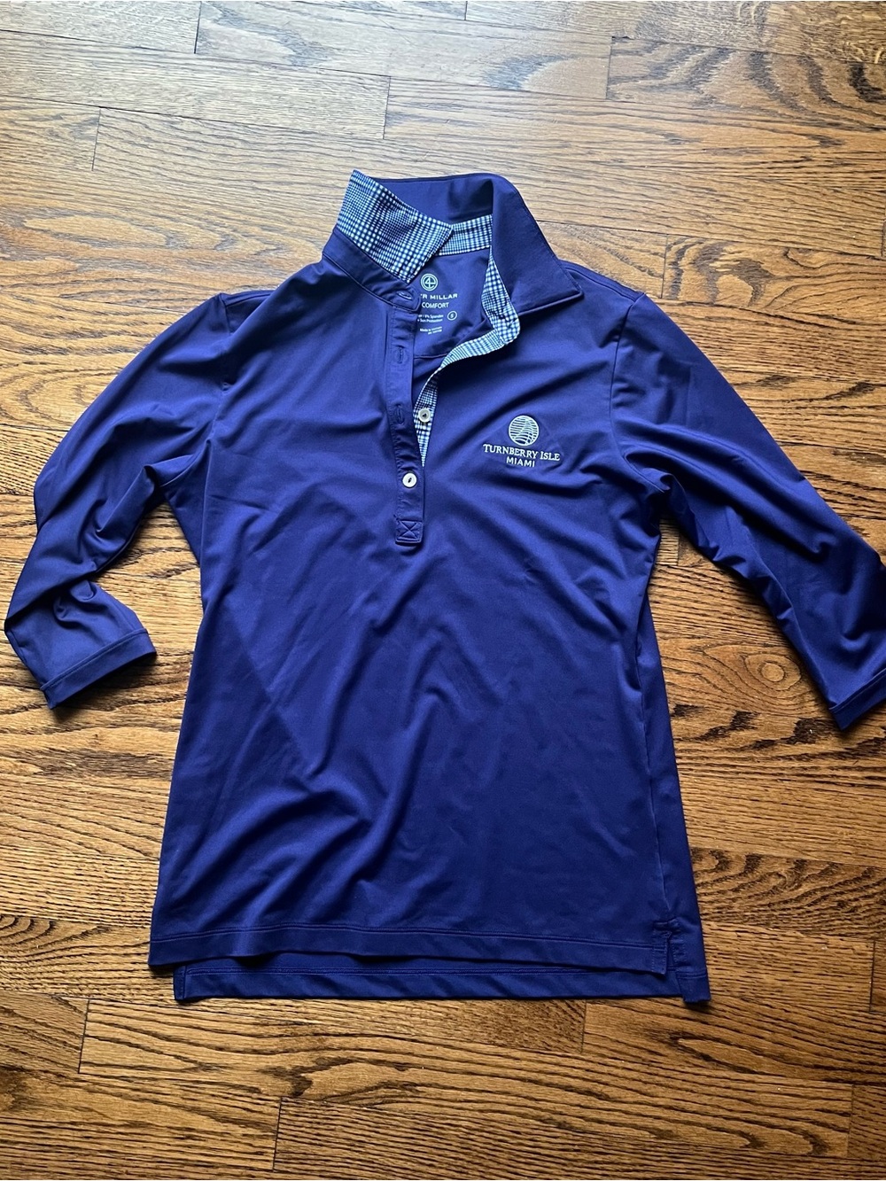 EUC Peter Millar Sun Comfort UV Women's 3/4 Sleeve Golf Polo Shirt Blue S w LOGO